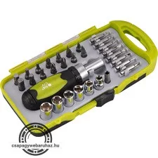 racsnis BIT dugókulcs, csavarhúzó klt.; 30db-os, CrV., irányváltós, mágneses, műanyag dobozban