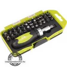 racsnis BIT csavarhúzó klt.; 38db-os, CrV., irányváltós, mágneses, műanyag dobozban