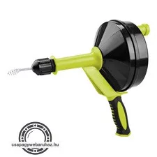 lefolyócső tisztító, dobos, 6m, 6mm átmérő,  kézi tekerővel, (1,8mm drótból sodorva)