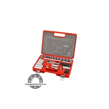   dugókulcs klt., CV., racsnis 45fog ; 3/8", 39db, normál(8-22mm) és hosszú(8-19mm) dugófejek, gyertyakulcs 16&21mm, 11 bi