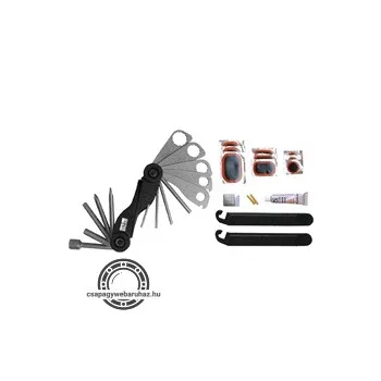   kerékpárjavító klt. 30db övrefűzhető, kulcskészlet,ragasztó+foltok, gumiszerelő