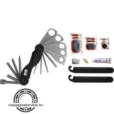 kerékpárjavító klt. 30db övrefűzhető, kulcskészlet,ragasztó+foltok, gumiszerelő