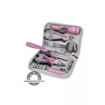   szerszámkészlet, 23db, 1/4"; Extol Lady, rózsaszín, 4 dugófej (6-12mm), fogók, csavarhúzó markolat, mérőszalag, BIT-ek