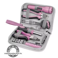 szerszámkészlet, 23db, 1/4"; Extol Lady, rózsaszín, 4 dugófej (6-12mm), fogók, csavarhúzó markolat, mérőszalag, BIT-ek