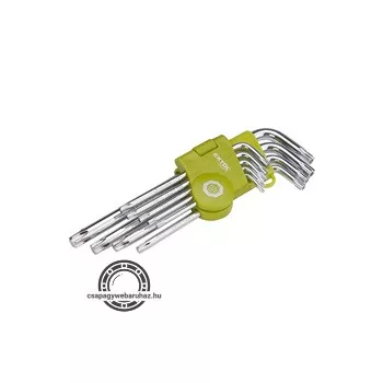   torx kulcs klt., Cr40. 9db, egyik vége lyukas; T10,15,20,25,27,30,40,45,50, bliszteren