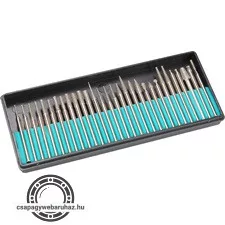 mini köszörű- és csiszolófej tartozék klt. 30 db, gyémánt szemcsés, tengelycsap: 3,2mm; műanyag dobozban