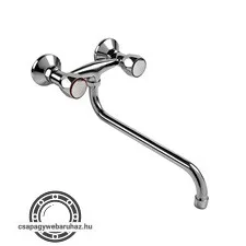 mosogató-mosdó csaptelep, falra szerelhető, kerámia betét, króm, 25cm hosszú hajlított csőr