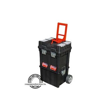   szerszámosláda  kerekes, profi erős, műanyag 495×350×712mm, fémcsatos, tálcával, fekete, lakatolható