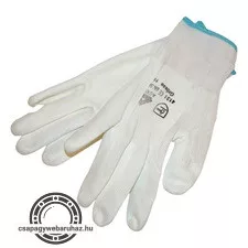 Kötött kesztyű fehér nylon, L-es méret,  9' poliuretánba mártott teny. és ujjhegy., gumírozott mandzsetta