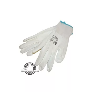   Kötött kesztyű fehér nylon,  XL-es méret, 10' poliuretánba mártott teny. és ujjhegy., gumírozott mandzsetta