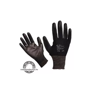   Kötött kesztyű fekete nylon, M-es méret 8',  poliuretánba mártott teny. és ujjhegy., gumírozott mandzset