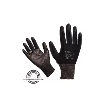   Kötött kesztyű fekete nylon, XL-es méret, 10' poliuretánba mártott teny. és ujjhegy., gumírozott mandzse