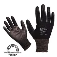 Kötött kesztyű fekete nylon, XL-es méret, 10' poliuretánba mártott teny. és ujjhegy., gumírozott mandzse