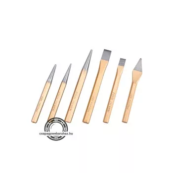   lyukasztó, pontozó és véső klt. 6db CrV. HRC 52-58 ; 1db pontozó, 2 db lyukasztó, 3 db véső, hossz.:120-150mm