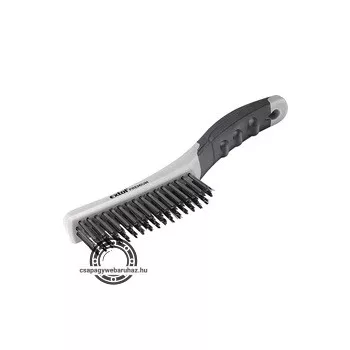   drótkefe hajlított, kétkomponensű TPR+műanyag nyél; 4 soros, 28mm szálhossz, acél, hossz: 25cm, fejméret: 27×125mm