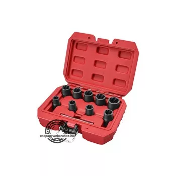   csavarkiszedő klt. TWIST; 3/8" befogás, 9db fej: 10, 11, 12, 13, 14, 15, 16, 17, 19mm, 1 db kiütőrúd, CrMo, műanyag kof.