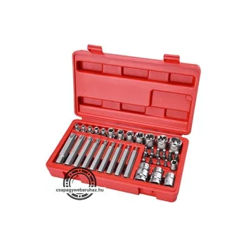   BIT és dugókulcs klt. 35 db TORX, 1/4"+8mm+10mm+12mm BIT-ek, 1/4"+3/8" dugófejek, adapterek C.V. acél, műanyag dobozban