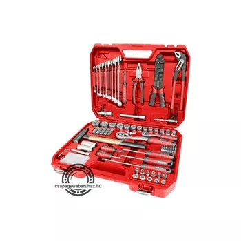   szerszám és dugókulcs klt.,100db; 1/4", és 1/2" racs.kar (45 fog), cs-v kulcs, csavarhúzó, fogók