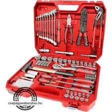szerszám és dugókulcs klt.,100db; 1/4", és 1/2" racs.kar (45 fog), cs-v kulcs, csavarhúzó, fogók