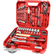 szerszám és dugókulcs klt., 55 db; 1/2" racsnis hajtókar (45 fog), dugófejek, BIT-ek, csavarhúzók, csillag-villás kulcs.