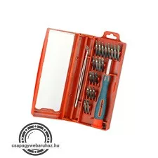 órás csavarhúzó klt. 22 db C.V. bitekkel; lapos 1,5-3mm, PH000-PH1, PZ0-PZ1, imbusz: 1,5-3mm, torx: T6-20