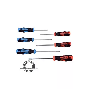   csavarhúzó klt., 6db; lapos:3×75, 5,5×100 és 6,5×125mm, PH0×60, PH1×100 és PH2×125, CV., mágneses, papír tartóban