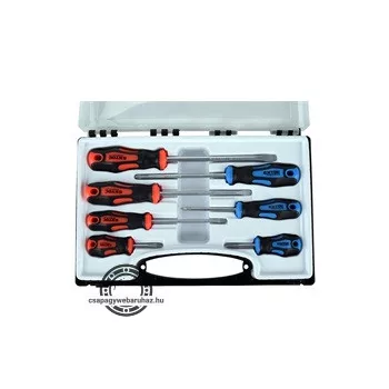   csavarhúzó klt., 7db; lapos: 5,5×38, 5,5×100, 6,5×125mm és 8×150mm, PH1×75, PH2×38 és PH2×125, CV. mágneses, műanyag tar