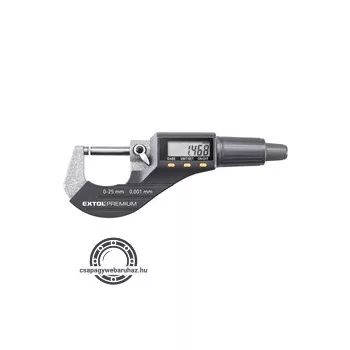   digitális mikrométer; felbontás×mérési tartomány: 0,001×25 mm, keményfém mérőfelület, pontosság ±0,002 mm