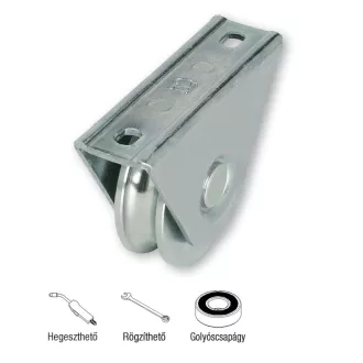   410.60 egycsapágyas “U” profilú tolókapugörgő, talpas villa, horganyzott , görgő átmérő:60mm