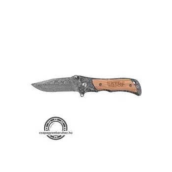   zsebkés (bicska), rozsdamentes acél penge damaszk mintával, fa betétes nyél, teljes/összecsukott hossz.:160/90 mm