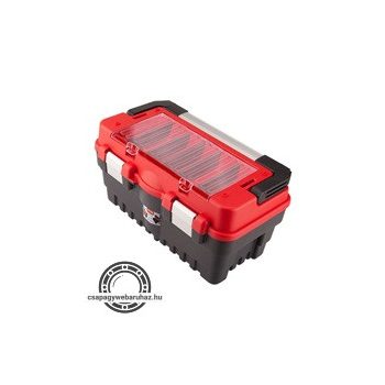   szerszámosláda, műanyag 462×256×242mm, fémcsatos, tálcával, lakatolható