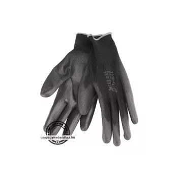  Kötött kesztyű fekete poliészter, méret:  8' poliuretánba mártott teny. és ujjhegy., gumírozott mandzsetta