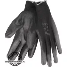 Kötött kesztyű fekete poliészter, méret:  8' poliuretánba mártott teny. és ujjhegy., gumírozott mandzsetta