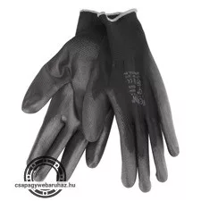 Kötött kesztyű fekete poliészter, méret:  9' poliuretánba mártott teny. és ujjhegy., gumírozott mandzsetta
