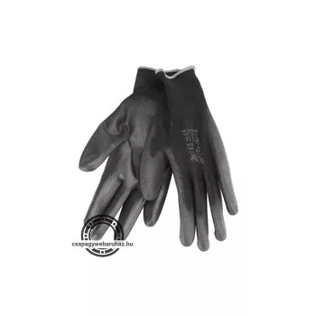   Kötött kesztyű fekete poliészter, méret: 10' poliuretánba mártott teny. és ujjhegy., gumírozott mandzsetta