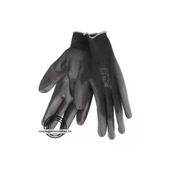   Kötött kesztyű fekete poliészter, méret: 11' poliuretánba mártott teny. és ujjhegy., gumírozott mandzsetta