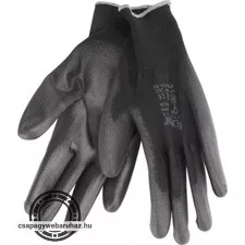 Kötött kesztyű fekete poliészter, méret: 11' poliuretánba mártott teny. és ujjhegy., gumírozott mandzsetta
