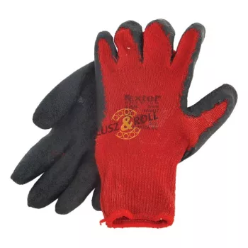   kötött kesztyű, pamut, vörös, méret: 10',  latexbe mártott, csúszásgátló tenyér