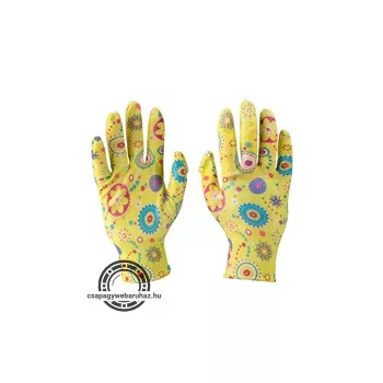   kerti kesztyű, virágmintás, nylon, méret:  8' nitrilbe mártott teny. és ujjhegy., gumírozott mandzsetta