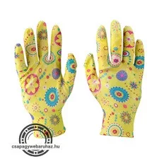 kerti kesztyű, virágmintás, nylon, méret:  9' nitrilbe mártott teny. és ujjhegy., gumírozott mandzsetta