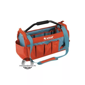   szerszámtáska, acélcső vázas, 49×23×28cm, 31 zseb, nylon, állítható, párnázott hordpánt+merev acél fogantyú