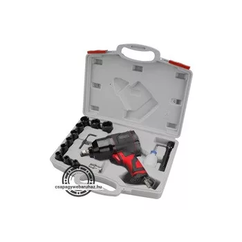   légkulcs klt., 15 db, 1/2", dugófejek (10 db: 9-27mm), 340Nm, 7400 1/min, 113l/min, 6,3 Bar, 1/4" tömlőcsatlakozó, 1,9kg