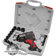 légkulcs klt., 15 db, 1/2", dugófejek (10 db: 9-27mm), 340Nm, 7400 1/min, 113l/min, 6,3 Bar, 1/4" tömlőcsatlakozó, 1,9kg