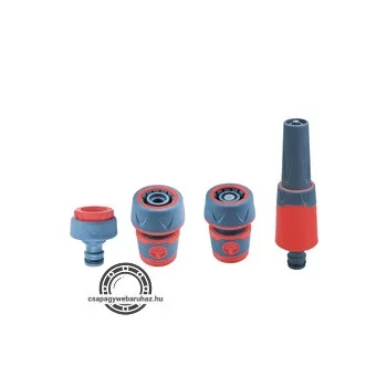   locsoló alap szett, 1/2" tömlőhöz; 4 db (1db szórófej, 2 db gyorscsatlakozó, 1 db kuplung csatlakozó 1/2"-3/4")