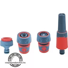 locsoló alap szett, 1/2" tömlőhöz; 4 db (1db szórófej, 2 db gyorscsatlakozó, 1 db kuplung csatlakozó 1/2"-3/4")