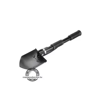   túraásó, összecsukható; hossz:40cm, szélesség: 9,5cm, kapa-, csákány- és fűrész módon is használható, vászon tartóban