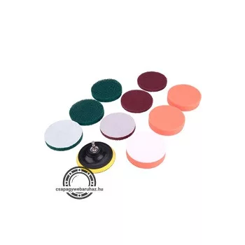   dörzsölő/csiszoló/polírozó klt. 10 db; 1/4"×25 mm csap, fúrógépbe fogható, tépőzáras