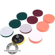 dörzsölő/csiszoló/polírozó klt. 10 db; 1/4"×25 mm csap, fúrógépbe fogható, tépőzáras