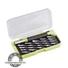 órás csavarhúzó klt. 22 db C.V. bitekkel; lapos 1,5-3mm, PH000-PH1, PZ0-PZ1, imbusz: 1,5-3mm, torx: T6-20