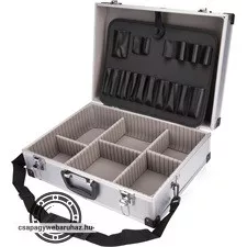 szerszámtáska (koffer) alumínium; 460×330×155 mm, ezüst színű, hordszíjjal